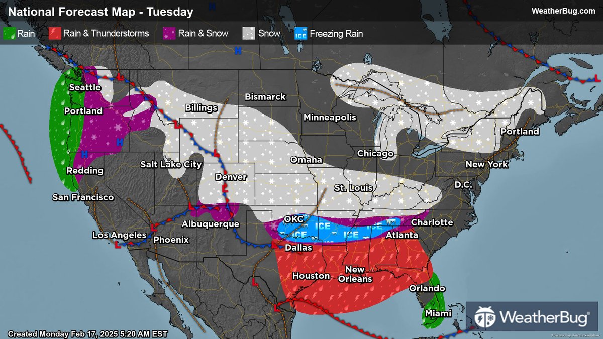 Weather extremes pop up across the U.S. on Tuesday, with particularly bitter cold temperatures, deep snow, and strong Mid-South thunderstorms entering the picture.

Story: bit.ly/3EAd4sX