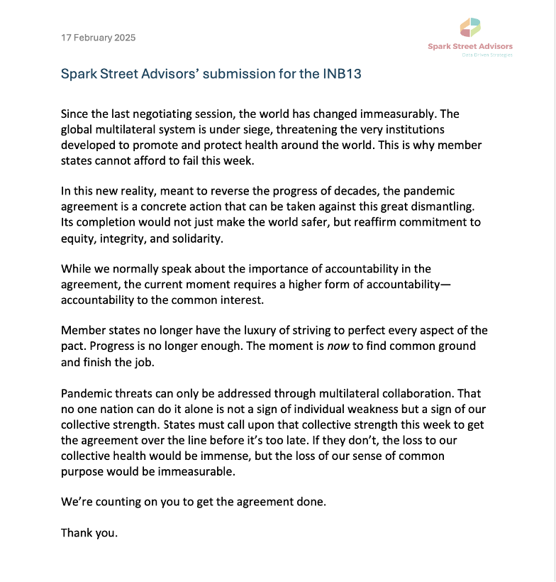 💪Given the US withdrawal from the pandemic agreement negotiating process, Spark Street submitted a statement, asserting the importance of completing the process as a rebuttal to the current effort to dismantle institutions that promote and preserve health.