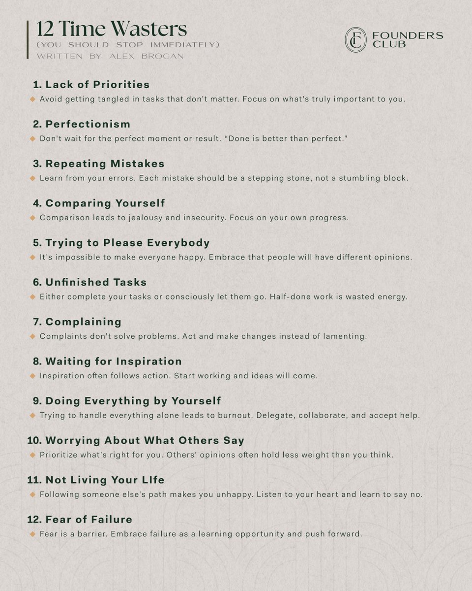 FoundersClubUS's tweet photo. 12 Time Wasters You Should Stop Immediately: https://t.co/nBW6FdcHbT