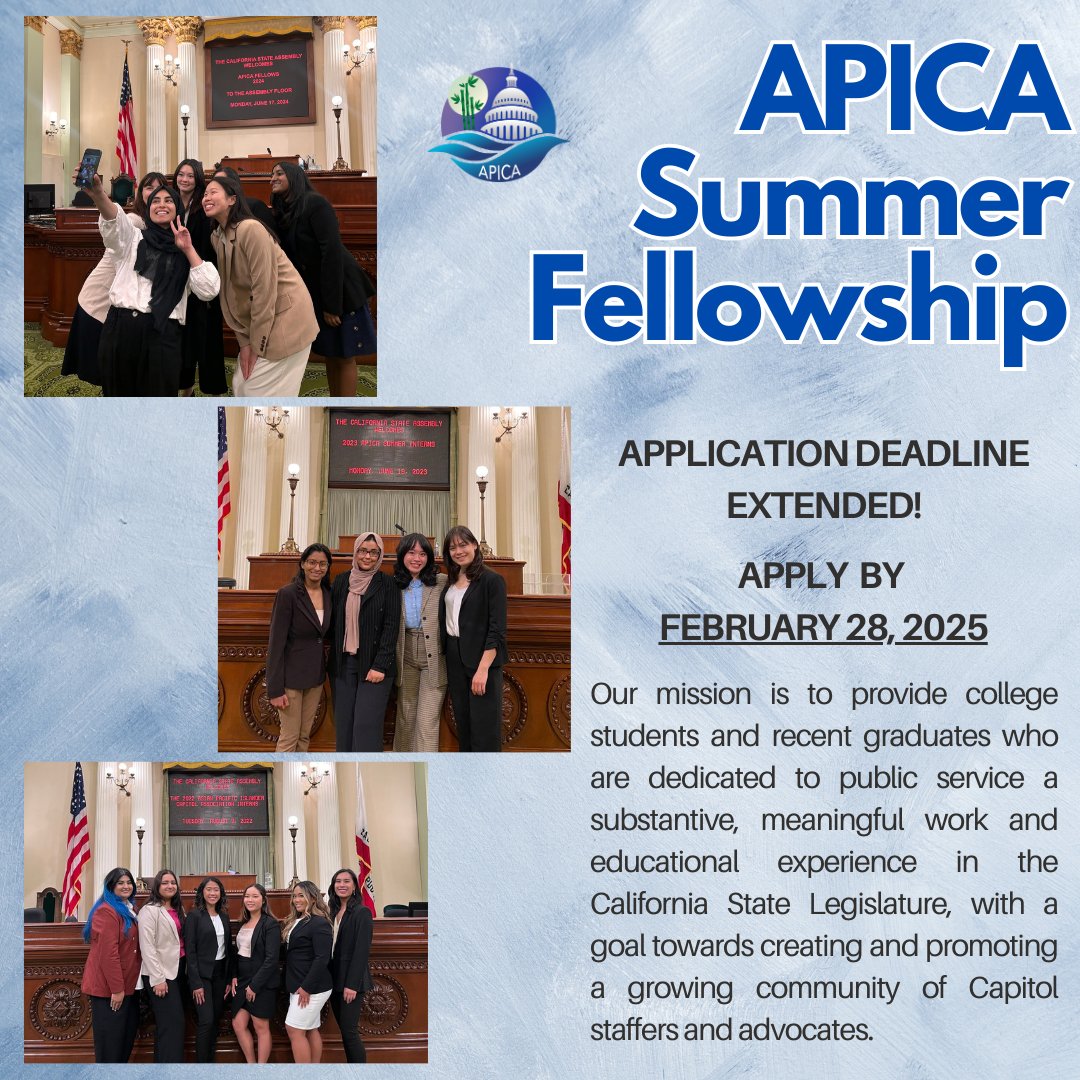 APICA (@apicasac) on Twitter photo APICA SUMMER FELLOWSHIP APPLICATION DEADLINE EXTENDED!
Applications for the 2025 Summer Fellowship are still open! Please submit applications by February 28, 2025 at 11:59PM PST. For questions, please email apica.internship@gmail.com.
Apply here! lnkd.in/gnZeRGd9 APICA SUMMER FELLOWSHIP APPLICATION DEADLINE EXTENDED!
Applications for the 2025 Summer Fellowship are still open! Please submit applications by February 28, 2025 at 11:59PM PST. For questions, please email apica.internship@gmail.com.
Apply here! lnkd.in/gnZeRGd9