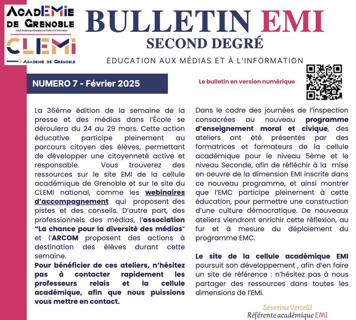 Le bulletin EMI 2D du mois de février 2025 pour l'académie de Grenoble est en ligne :

▶️ Infos et ressources SPME
▶️ Ressources des JDI EMC/EMI
▶️ Zoom sur Viginum
▶️ Le projet Virapic
▶️Zoom #Enclasse <a href="/leclemi/">CLEMI</a>.bsky.social  comprendre la carte de RSF

👉emi.web.ac-grenoble.fr/bulletin-2nd-d…