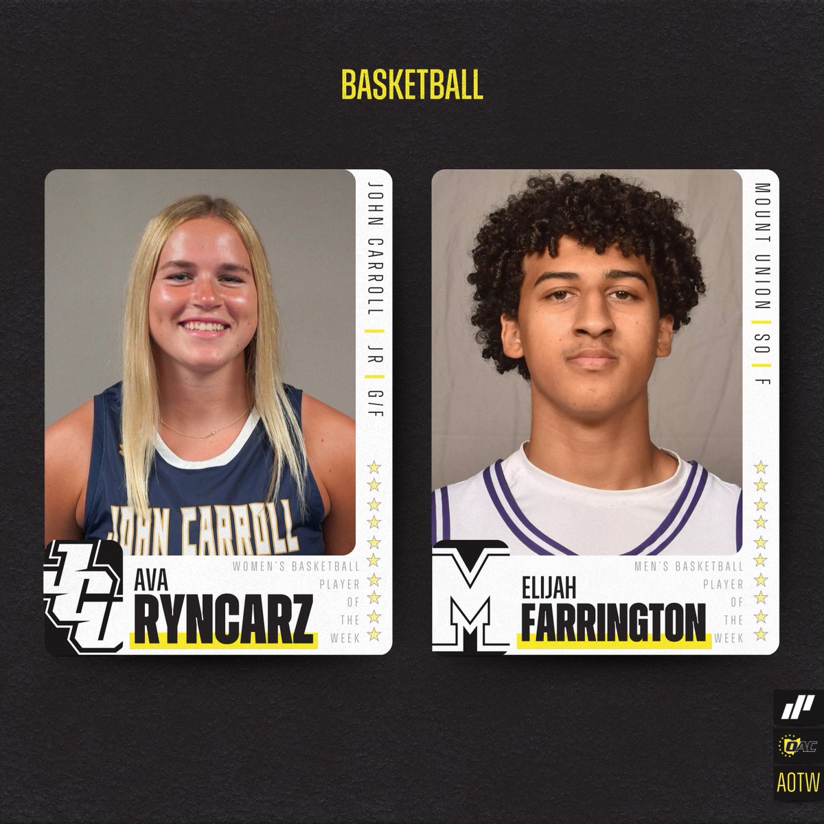 Midstream Lighting Athletes of the Week | Basketball🏀

Ava Ryncarz, <a href="/jcusports/">John Carroll Sports</a> 
Elijah Farrington, <a href="/purpleraiders/">Mount Union Purple Raiders</a> 

#OAC | #d3hoops |<a href="/MidstreamLED/">Midstream Lighting</a>