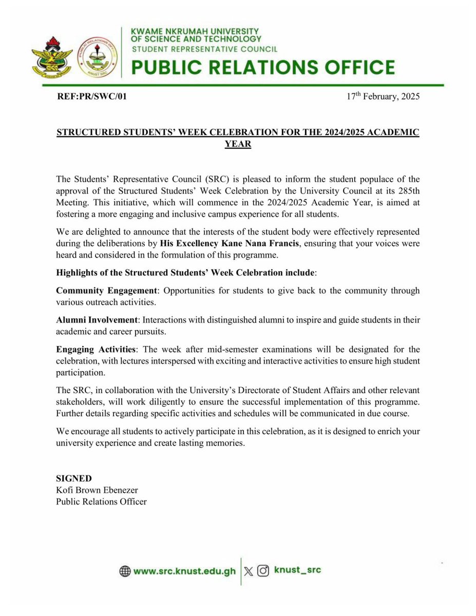knust_src's tweet image. The Structured Students’ Week Celebration is officially approved for the 2024/2025 Academic Year. 

Get ready for community engagement, alumni interactions, and engaging activities! 

#SRCWeekIsBack
#BeyondTheOrdinary