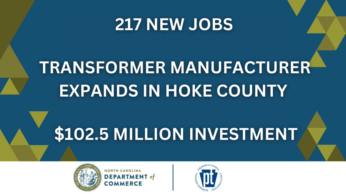 NCCommerce's tweet image. NEWS: Pennsylvania Transformer Technology, LLC, a domestic manufacturer of power and distribution transformers, will expand in #HokeCounty, creating 217 new jobs and investing $102.6M in #RaefordNC.

More: commerce.nc.gov/news/press-rel…

#ecodev #NCjobs