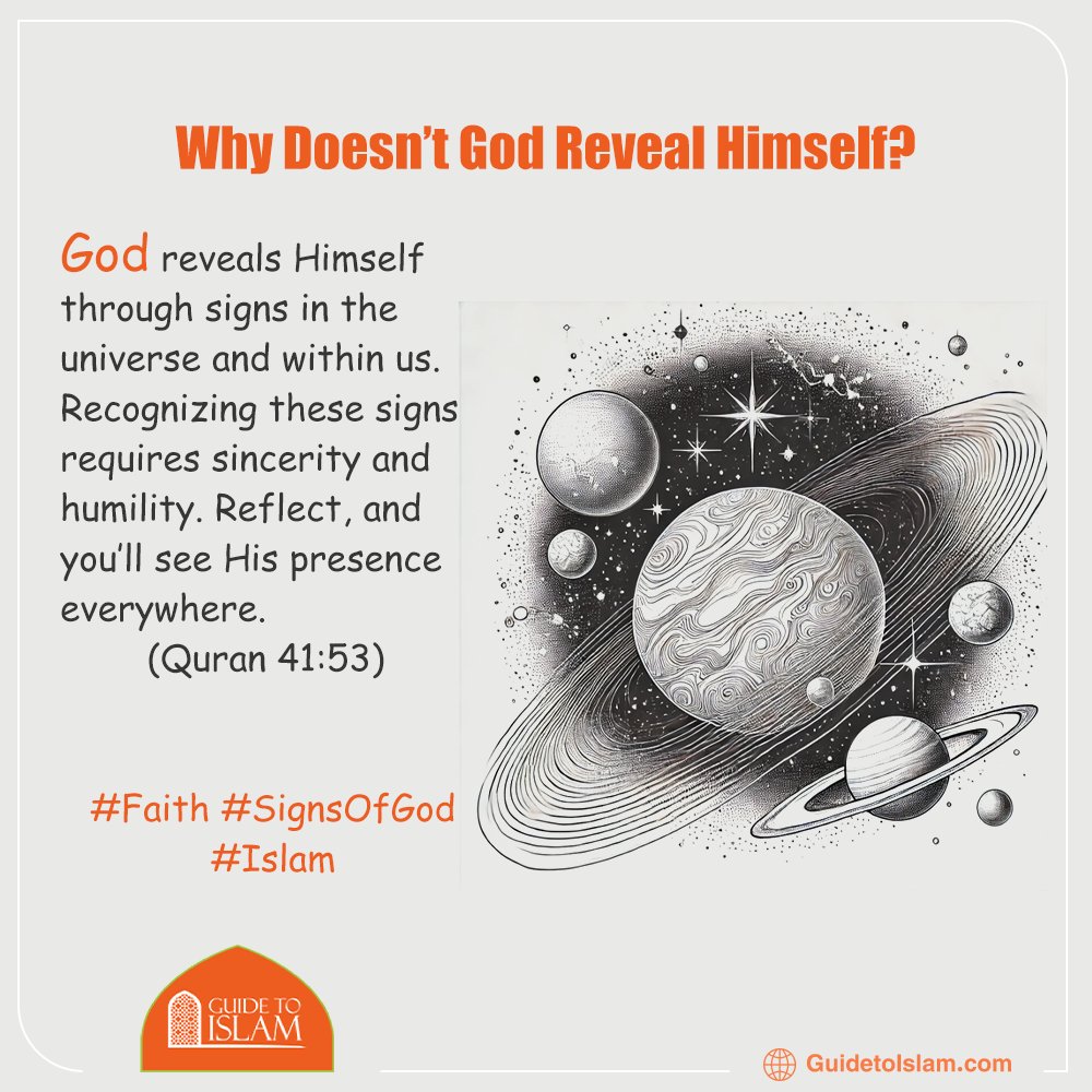 GuideToIslam1's tweet image. Why Doesn’t God Reveal Himself?

God reveals Himself through signs in the universe and within us. Recognizing these signs requires sincerity and humility. Reflect, and you’ll see His presence everywhere. (Quran 41:53)

#Faith #SignsOfGod #Islam
