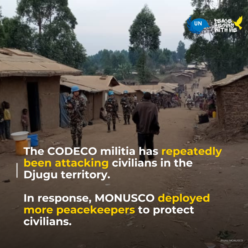 UNPeacekeeping's tweet photo. .@MONUSCO Blue helmets and the @FARDC_Info repelled several attacks by the armed group CODECO in Djugu, Ituri, #DRC 🇨🇩. The Mission has intensified its patrols and set up two temporary bases in Lodha and Aar to deal with the spike in violence and protect civilians.