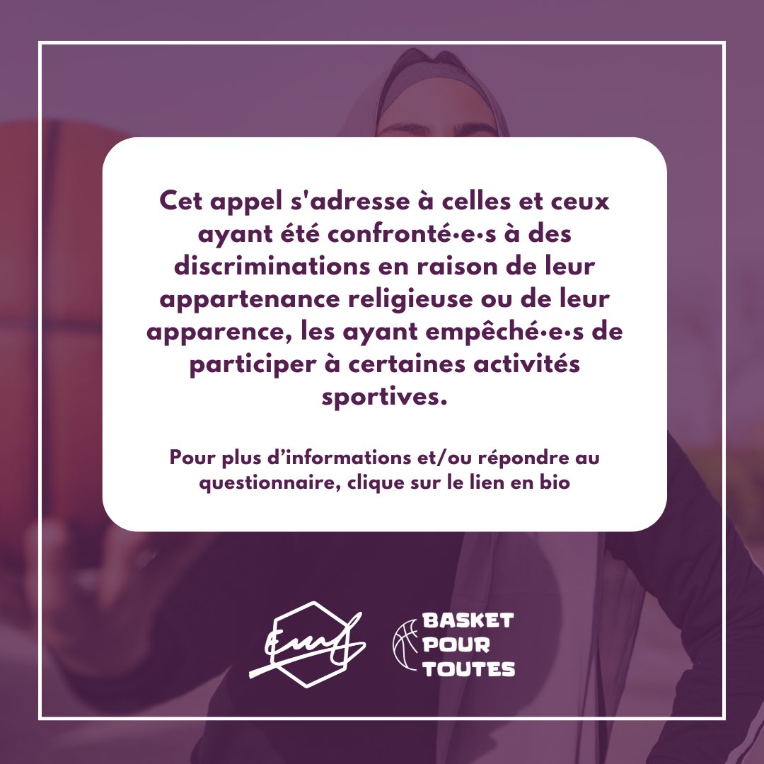 🟠 APPEL À TÉMOIGNAGES – Discriminations dans le sport universitaire

EMF x Basketpourtoutes

📩 Partage ton expérience ici ⬇️

👉 docs.google.com/forms/d/e/1FAI…

#Islamophobie #Racisme #Université #Sport