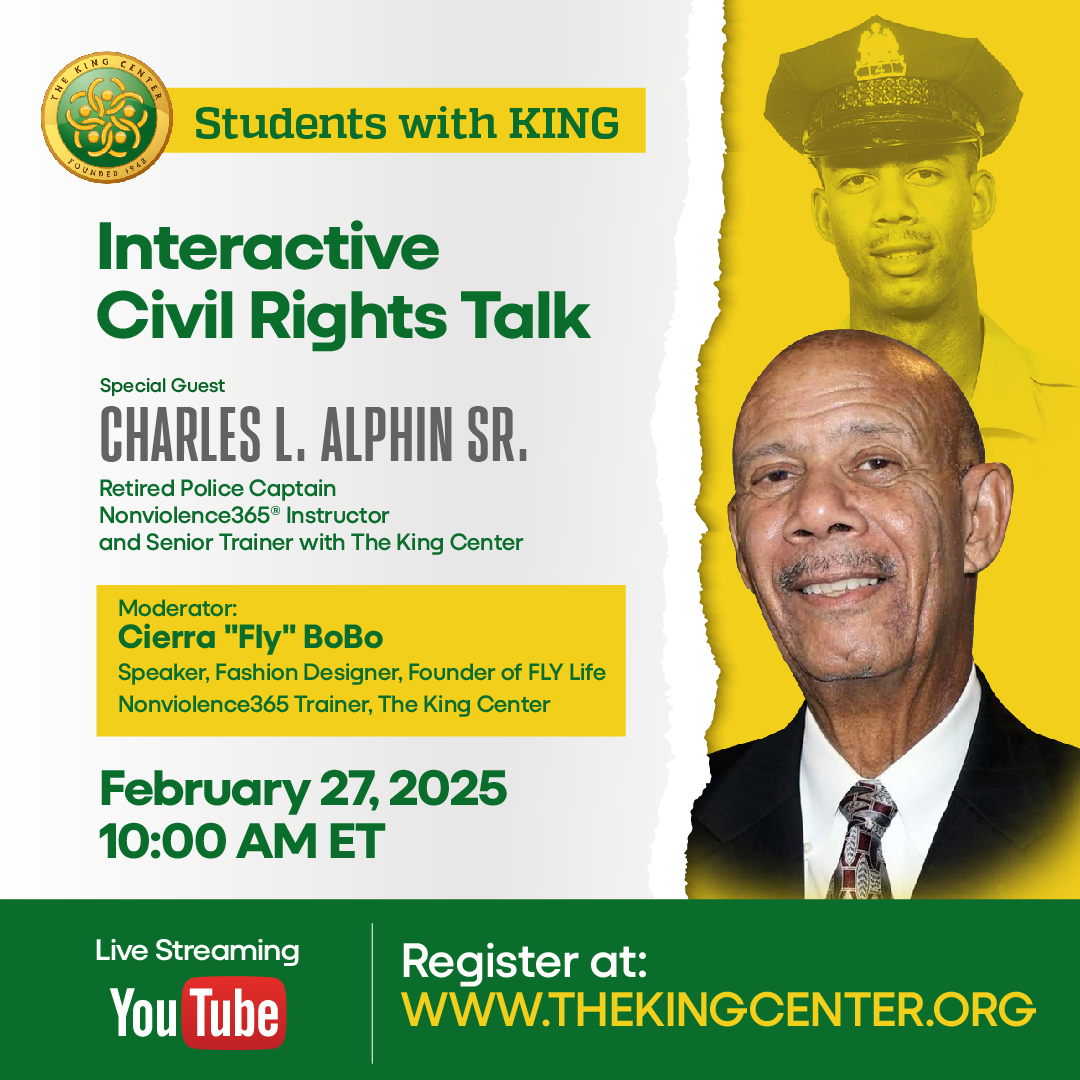 TheKingCenter's tweet photo. #Schools, #educators, #classrooms, #families, #children, and #youth are invited to #TheKingCenter’s #StudentsWithKing Interactive Civil Rights Talk with Charles L. Alphin Sr. on February 27th at 10:00am ET. Let’s learn together!
Streaming here: https://t.co/tS3OfT622I
#MLK #MissionPossibleMLK #BelovedCommunity #BeLove #Nonviolence365