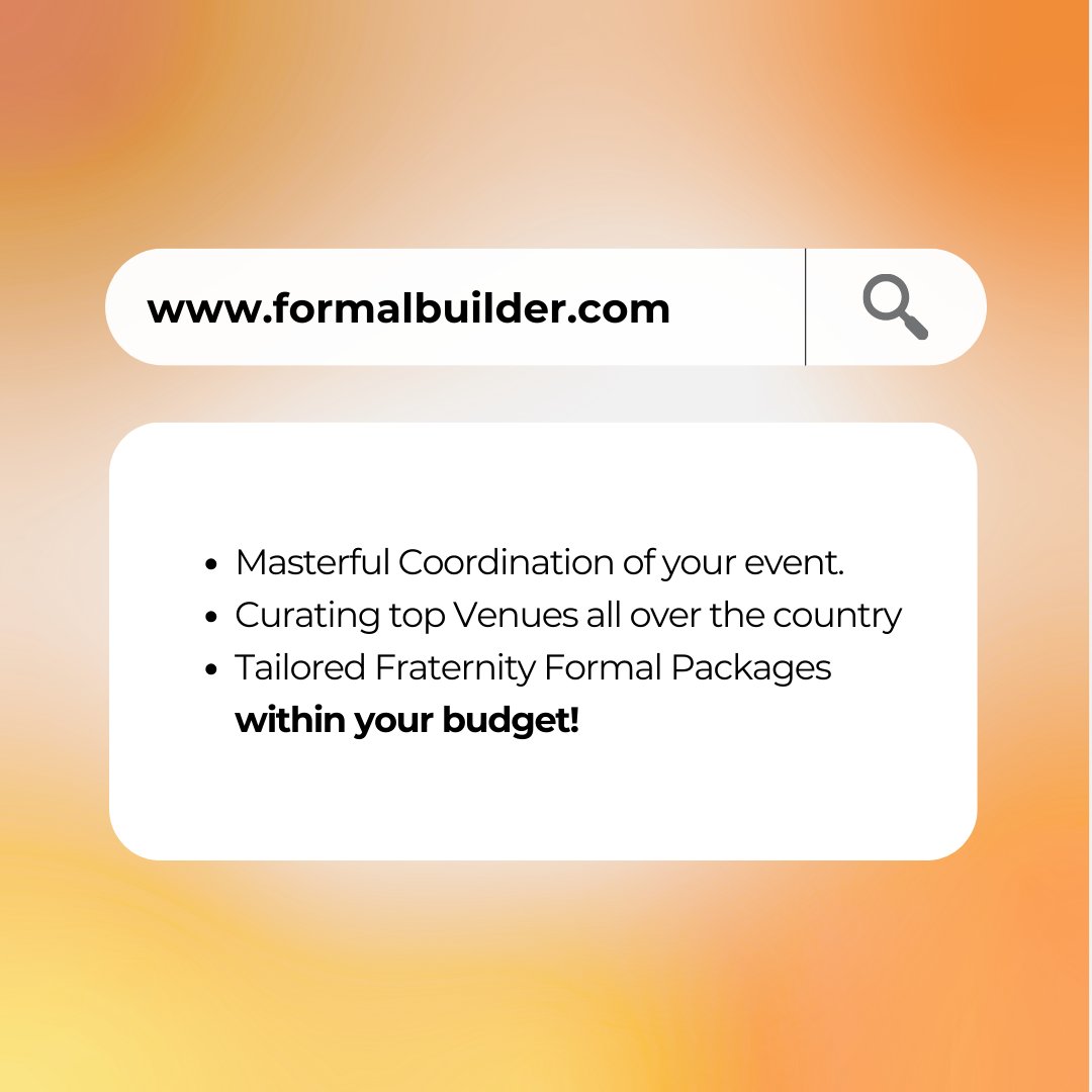 FormalBuilder's tweet image. Why Formal Builder?

From venue selection to travel arrangements, we’ve got you covered.

#EpicParties #FormalMemories #Brotherhood #FraternityFormals #EventPlanning #CelebrateWithUs #GreekFormals #FormalBuilder