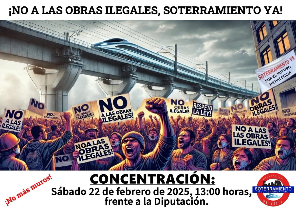 Concentración el sábado 22 de febrero de 2025 a las 13:00 horas frente a la Diputación de Palencia. Asiste el Ministro de Transportes y el Presidente del Gobierno al congreso de PSOE de Castilla y León en el Cine-Teatro Ortega.