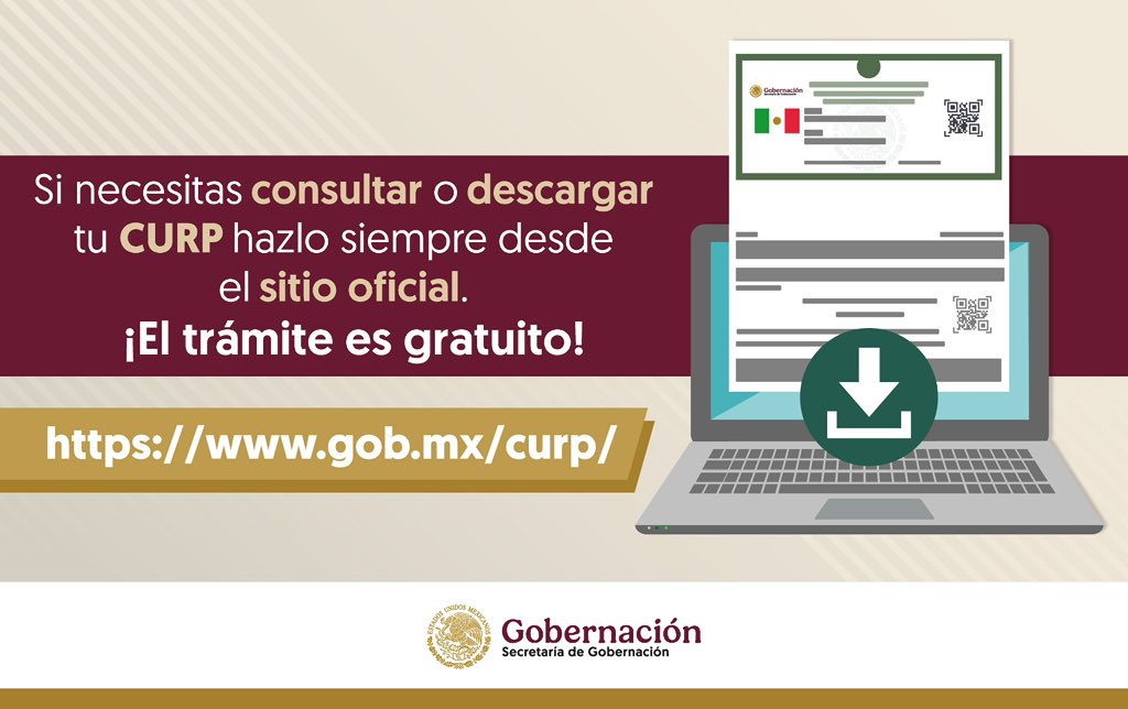 Recordamos que el trámite de la #CURP es completamente gratuito; descárgala de forma segura desde la página oficial.