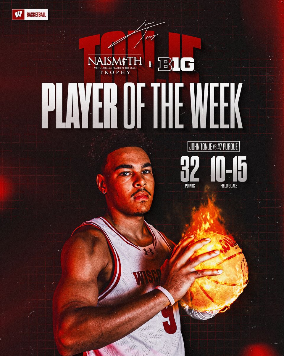 More hardware for <a href="/johntonje1/">John Tonje</a>!

The #Badgers guard earns his third <a href="/B1GMBBall/">Big Ten Men's Basketball</a> Player of the Week honor of the season and was named the <a href="/NaismithTrophy/">Naismith Awards</a> Player of the Week for the first time this year!