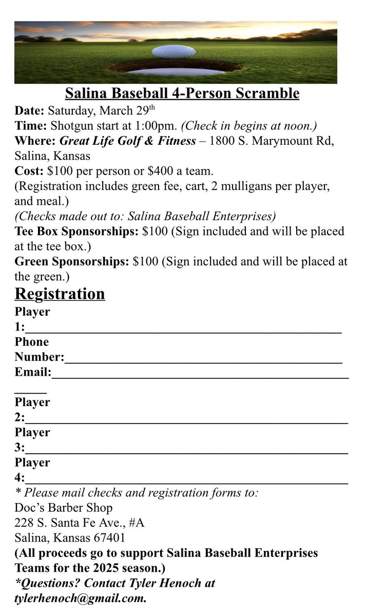 Golf Scramble coming up soon! Sign ups are open to help support Salina Baseball!