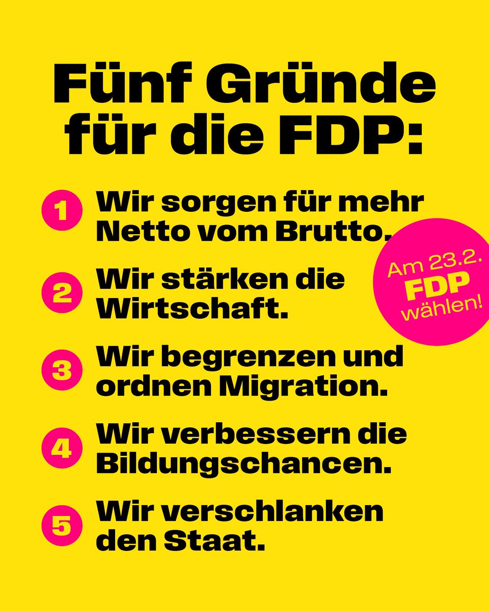 Die Neuwahl am 23. Februar ist die Chance auf einen Neuanfang. Unser Land braucht dringend einen grundlegenden Politikwechsel – für Wachstum, Wohlstand und Zuversicht. Wer das will, gibt alle Stimmen für die Freiheit. #jetztFDP