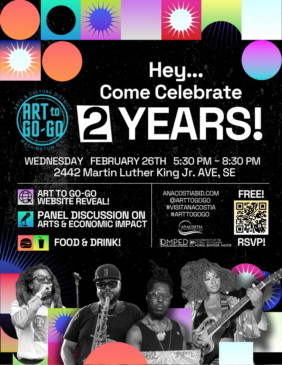 🎉 Art to Go-Go’s 2nd Anniversary Celebration! 🎨🎶
Join us as we mark two incredible years of being DC’s official Arts &amp; Culture District! We’re celebrating with a BIG reveal—our brand-new Art to Go-Go website! 🚀