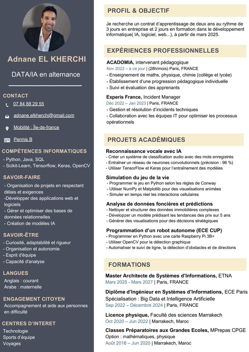 Adnan, étudiant en informatique, recherche un contrat d'apprentissage :
- 3 jours en entreprise par semaine 
- Niveau : master
- Secteur : développement informatique
- Mobilité : Île-de-France 
- Disponibilité : immédiate 
Un ❤️🔄 ne coûte rien. MERCI.