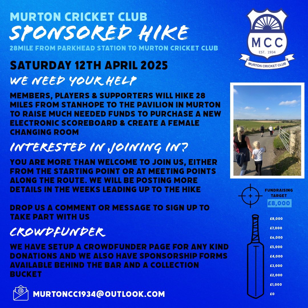 📆 Save the date 📆

Our sponsored hike will take place on Saturday 12 April 2025. 

Drop us a comment if you would like to support us by joining in. 

#wearemurtoncc