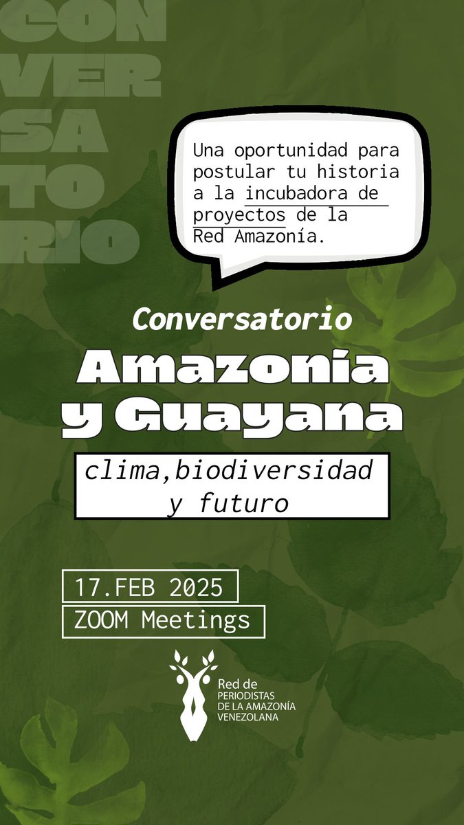 HOY, a las 6:00 pm hora Caracas 📍
Conversatorio de la <a href="/Red_Amazonia/">Red de Periodistas de la Amazonía Venezolana</a>: «Amazonía y Guayana: clima, biodiversidad y futuro»
Regístrate acá: us06web.zoom.us/meeting/regist…

Conversaremos con Aiskell Andrade, directora del Centro de Estudios Regionales de <a href="/enlaucab/">UCAB</a> y con <a href="/aalvarezi/">Alejandro Alvarez I</a>  de