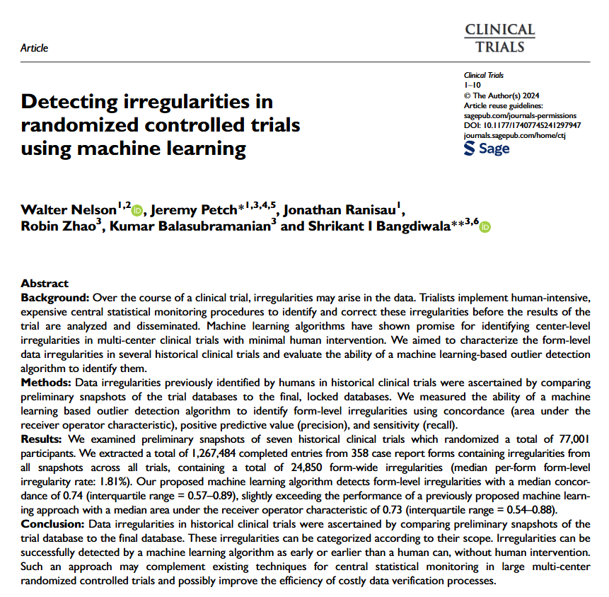 Colin Begg (@colinbbegg) on Twitter photo Retrospective analysis by Walter Nelson et al of 77K patients from 7 clinical trials shows that machine learning may hold promise for augmenting centralized statistical monitoring. <a href="/PHRIresearch/">PHRI.ca Population Health Research Institute 🇨🇦</a> <a href="/HamHealthSci/">Hamilton Health Sciences</a> <a href="/SCTorg/">SCTorg</a> <a href="/McMasterU/">McMaster University</a> #clinicaltrials Retrospective analysis by Walter Nelson et al of 77K patients from 7 clinical trials shows that machine learning may hold promise for augmenting centralized statistical monitoring. <a href="/PHRIresearch/">PHRI.ca Population Health Research Institute 🇨🇦</a> <a href="/HamHealthSci/">Hamilton Health Sciences</a> <a href="/SCTorg/">SCTorg</a> <a href="/McMasterU/">McMaster University</a> #clinicaltrials