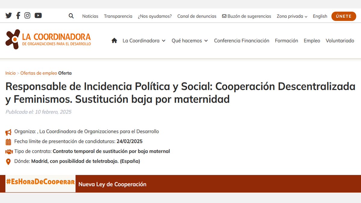 REEDES (@inforeedes) on Twitter photo #Puestos y #vacantes:
La <a href="/CoordiONGD/">La Coordinadora✳️</a> busca cubrir la plaza de #Responsable de #Incidencia #Política y #Social: #Cooperación #Descentralizada y #Feminismos (sustitución baja por maternidad).
Solicitudes hasta el 24 de febrero.
is.gd/Th4atw #Puestos y #vacantes:
La <a href="/CoordiONGD/">La Coordinadora✳️</a> busca cubrir la plaza de #Responsable de #Incidencia #Política y #Social: #Cooperación #Descentralizada y #Feminismos (sustitución baja por maternidad).
Solicitudes hasta el 24 de febrero.
is.gd/Th4atw