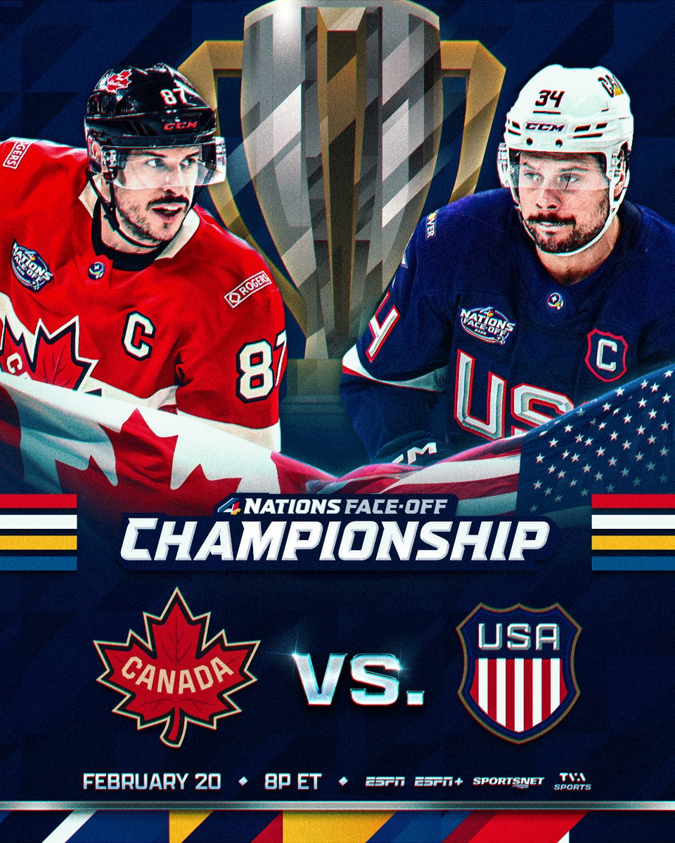 NHL's tweet image. HERE WE GO 🤩

CANADA VS. USA FOR THE CHAMPIONSHIP!

📺: #4Nations Face-Off Championship Game THURSDAY at 8p ET on @espn, @ESPNPlus, @Sportsnet and @TVASports