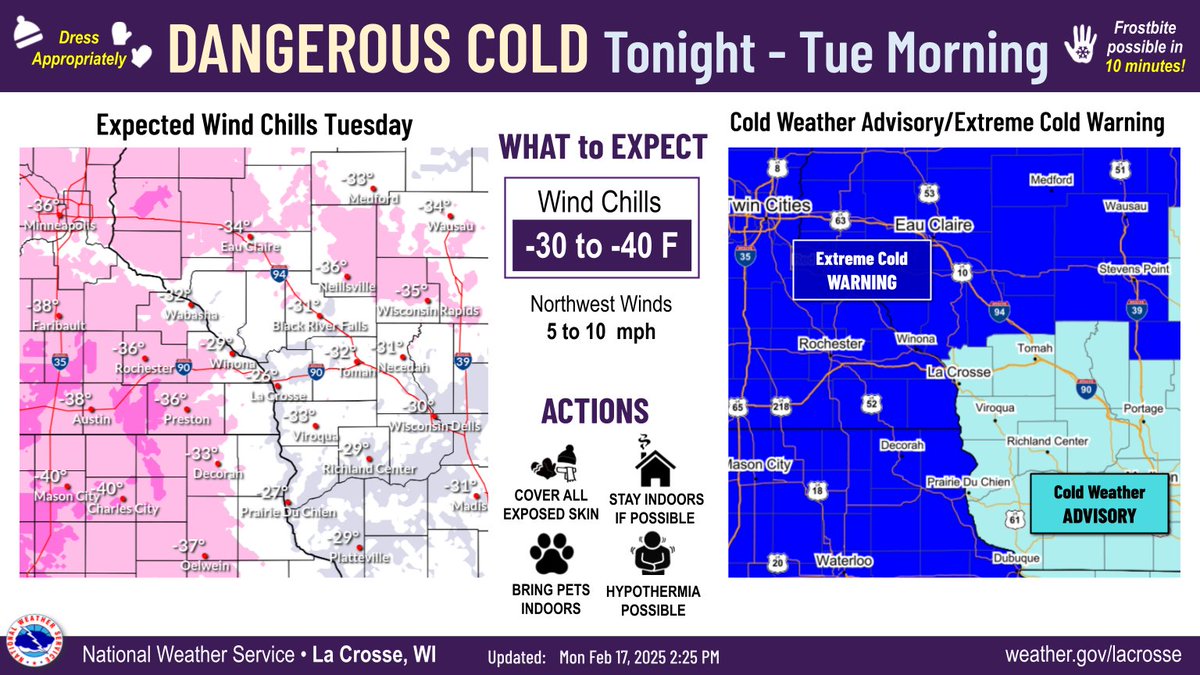 Dangerously #cold tonight.  What you normally do to combat the cold isn't enough. Yeah, we are hearty Midwesterners, but this is more than "normal" kind of cold. Take is seriously and protect yourself, family and pets. #mnwx #iawx #wiwx