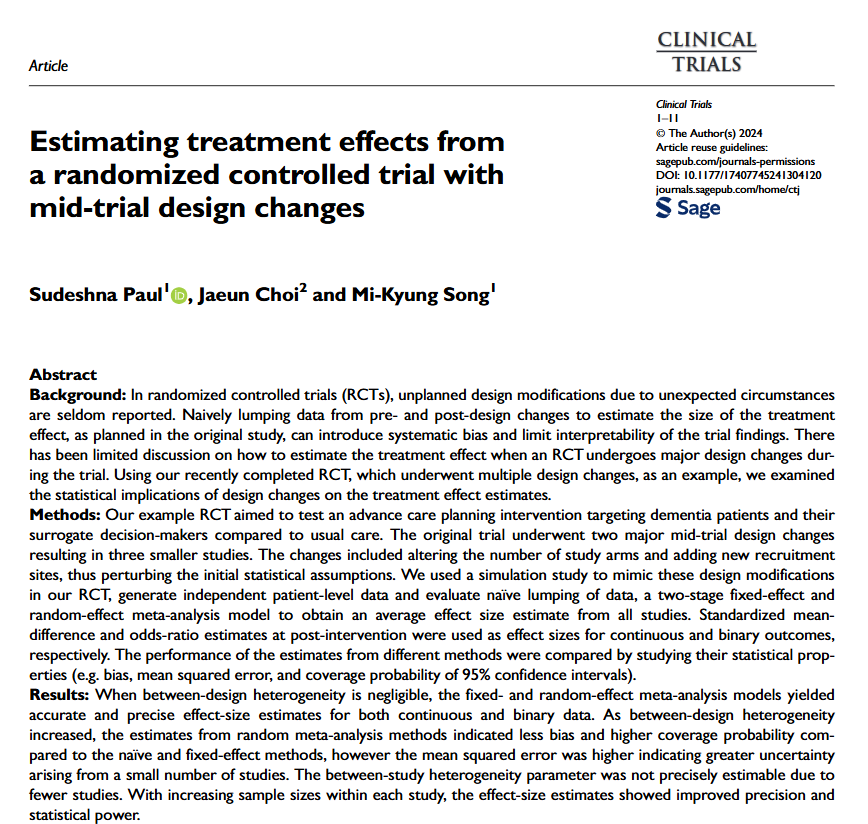 Colin Begg (@colinbbegg) on Twitter photo Concerned that mid-stream design changes can disrupt the validity of clinical trials? Sudeshna Paul and colleagues examine the impact of major design changes in a dementia trial using simulations. <a href="/EmoryUniversity/">Emory University</a> <a href="/EmoryNursing/">Emory Nursing</a> <a href="/EmoryONR/">Emory Office of Nursing Research</a> <a href="/sudeshnapaul/">Sudeshna Paul, PhD</a> <a href="/SCTorg/">SCTorg</a> #clinicaltrials Concerned that mid-stream design changes can disrupt the validity of clinical trials? Sudeshna Paul and colleagues examine the impact of major design changes in a dementia trial using simulations. <a href="/EmoryUniversity/">Emory University</a> <a href="/EmoryNursing/">Emory Nursing</a> <a href="/EmoryONR/">Emory Office of Nursing Research</a> <a href="/sudeshnapaul/">Sudeshna Paul, PhD</a> <a href="/SCTorg/">SCTorg</a> #clinicaltrials