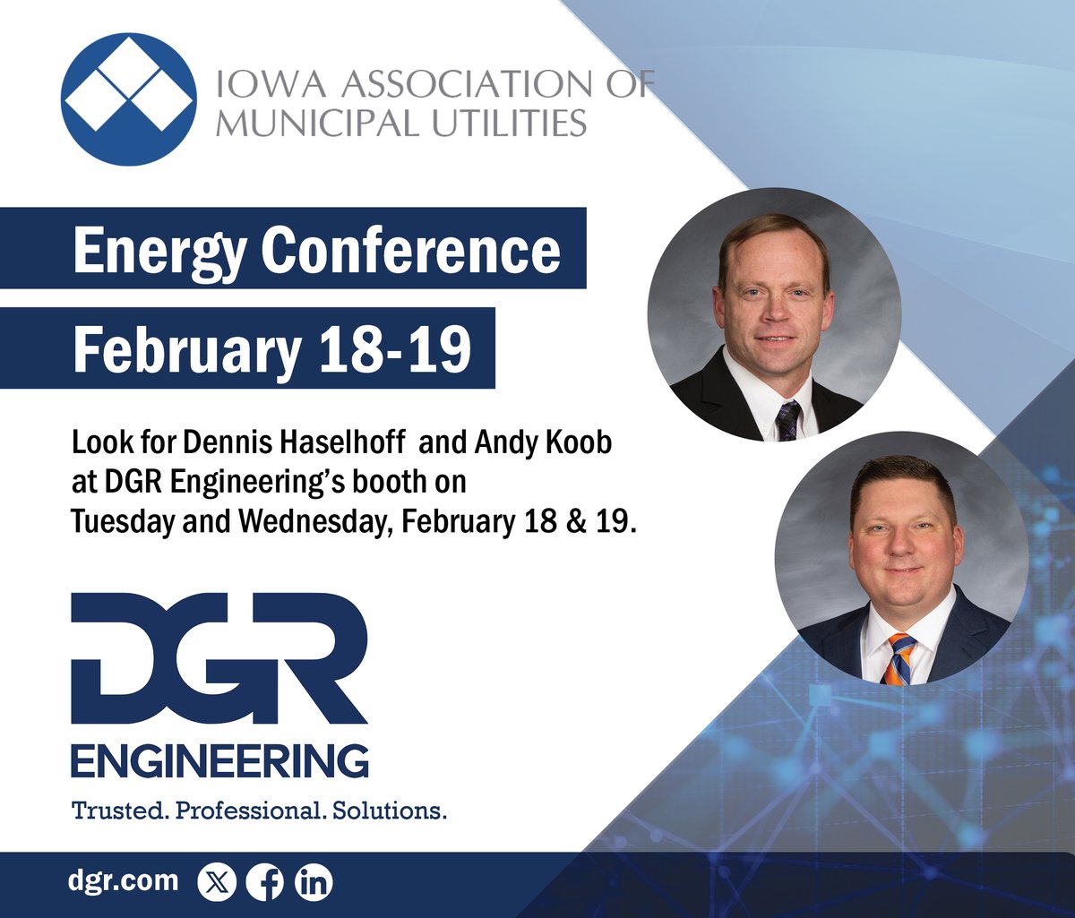 We're excited to connect with you at the Iowa Association of Municipal Utilities Energy Conference! Visit us at Booth 15. #DGRSolutions dgr.com