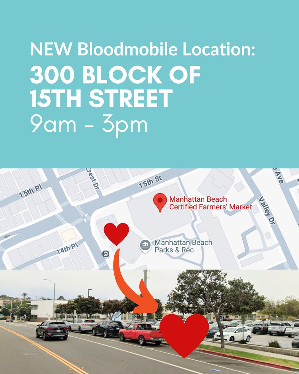 ❤️ Cedars Sinai returns to the <a href="/farmersmarketmb/">MB Farmers' Market</a> TOMORROW, February 18th, from 9am to 3pm. Save a life by donating blood and receive a $10 Starbucks or In-N-Out gift card!  donatebloodcedars.org/index.cfm?grou…

⁠
⁠
#DowntownManhattanBeach #MBLocalLove #blooddrive
