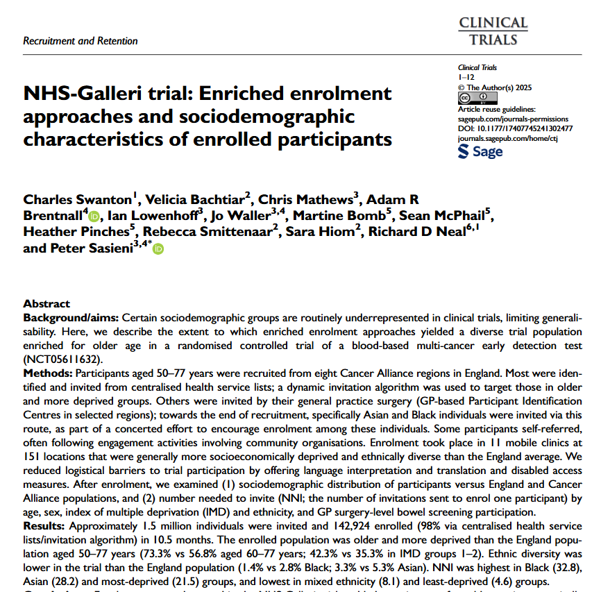 Colin Begg (@colinbbegg) on Twitter photo Charles Swanton and colleagues show that enrolment approaches used in the NHS-Galleri trial enabled rapid recruitment of an older, socioeconomically diverse participant population. <a href="/GrailBio/">GRAIL</a> <a href="/CharlesSwanton/">Charles Swanton</a> <a href="/petersasieni/">Peter Sasieni</a> <a href="/SCTorg/">SCTorg</a> Charles Swanton and colleagues show that enrolment approaches used in the NHS-Galleri trial enabled rapid recruitment of an older, socioeconomically diverse participant population. <a href="/GrailBio/">GRAIL</a> <a href="/CharlesSwanton/">Charles Swanton</a> <a href="/petersasieni/">Peter Sasieni</a> <a href="/SCTorg/">SCTorg</a>