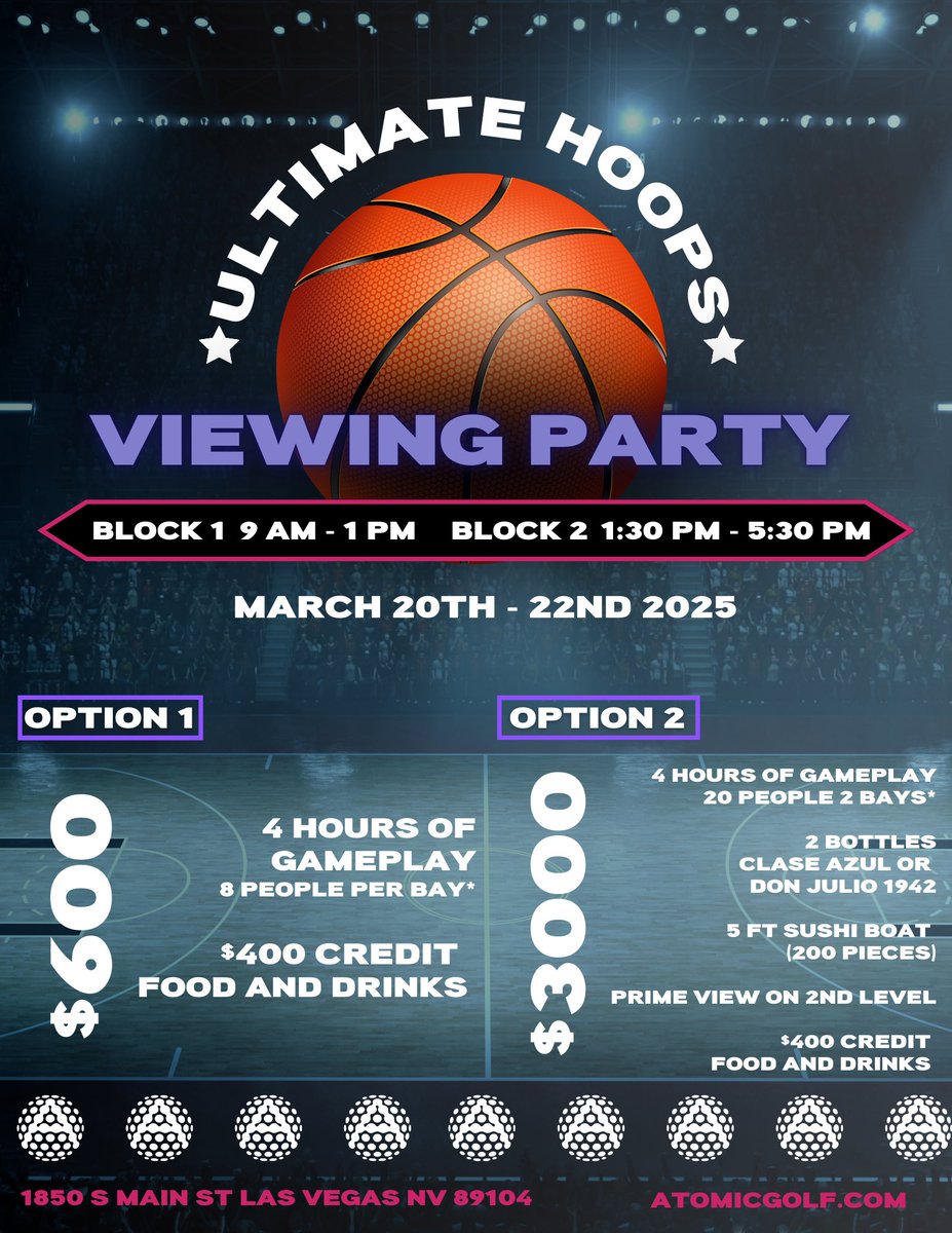Book your spot at Atomic Golf for the Ultimate Hoops Viewing Party. Enjoy huge screens, great food, drinks, and our signature games. 🏌️‍♂️🎯 Whether you're here for the buzzer-beaters or just to have a blast with friends, we’ve got the perfect spot for you.

TEXT📱702.858.8562