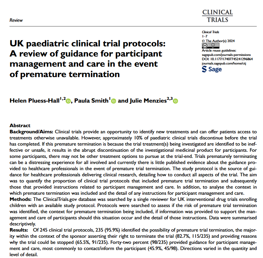 Colin Begg (@colinbbegg) on Twitter photo What to do when a clinical trial terminates prematurely? Less than half of protocols for paediatric clinical trials in the UK contain guidance for healthcare professionals on how to manage participants, says Helen Pluess-Hall. <a href="/HellsPH/">Helen Pluess-Hall</a> <a href="/UniofBath/">University of Bath</a> @UHBW <a href="/jmenzies1/">Julie Menzies</a> <a href="/SCTorg/">SCTorg</a> What to do when a clinical trial terminates prematurely? Less than half of protocols for paediatric clinical trials in the UK contain guidance for healthcare professionals on how to manage participants, says Helen Pluess-Hall. <a href="/HellsPH/">Helen Pluess-Hall</a> <a href="/UniofBath/">University of Bath</a> @UHBW <a href="/jmenzies1/">Julie Menzies</a> <a href="/SCTorg/">SCTorg</a>