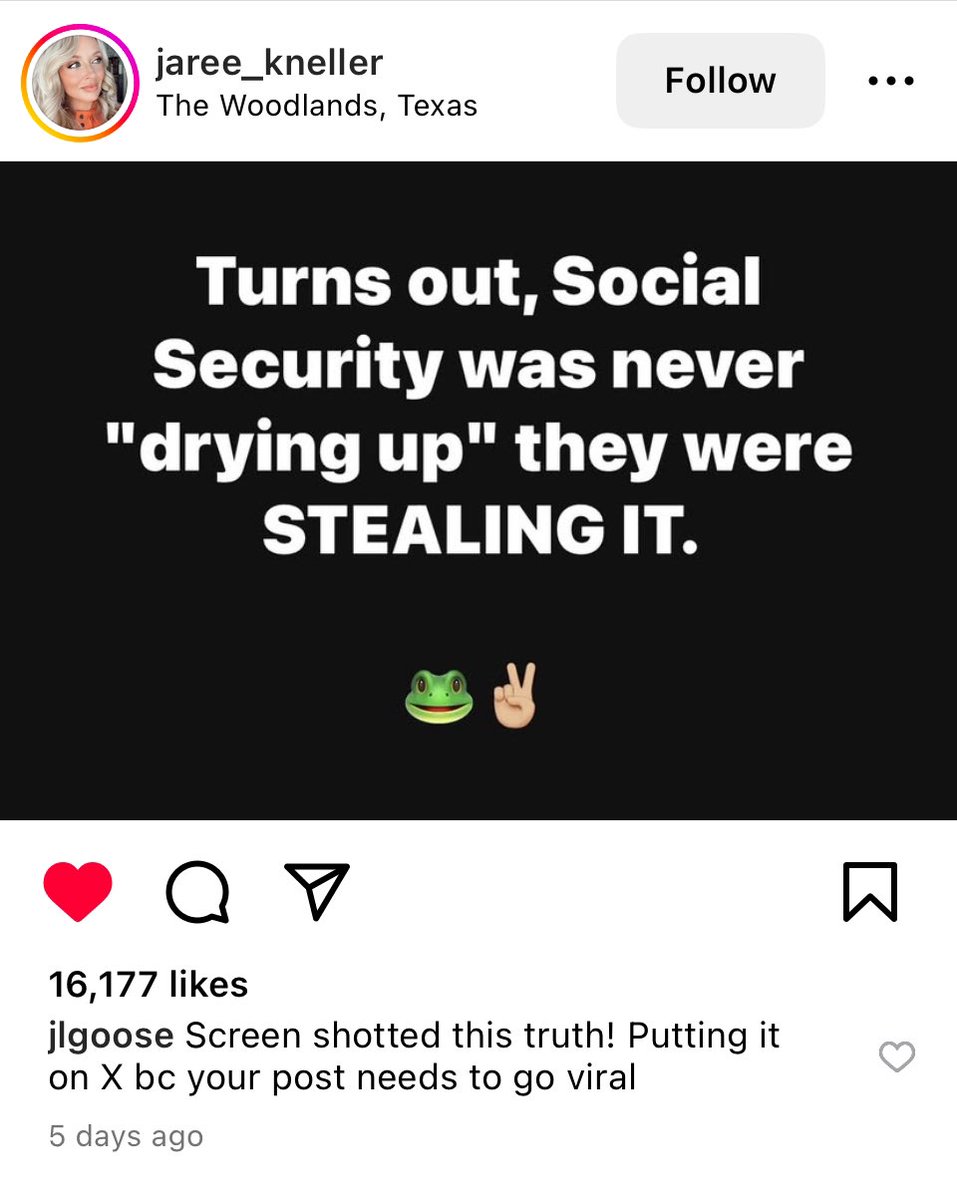 Turns out, Social Security was never “drying up” they were STEALING IT.  <a href="/jareekneller/">Jaree Kneller</a> 

I would like the democrats to please not fight finding corruption but to find someone equal to Elon musk. 
I  really hope you are not funding corruption!