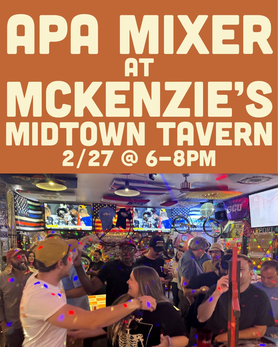 APAonset's tweet image. 🎉 Join us for this month's #APA Happy Hour! 🍻 Connect, unwind, and network with production pros at McKenzie's Midtown Tavern!

🗓️ Thursday, February 27th
⏰ 6-8 PM
📍 4531 N. 7th St., Phoenix, AZ

Everyone is invited!