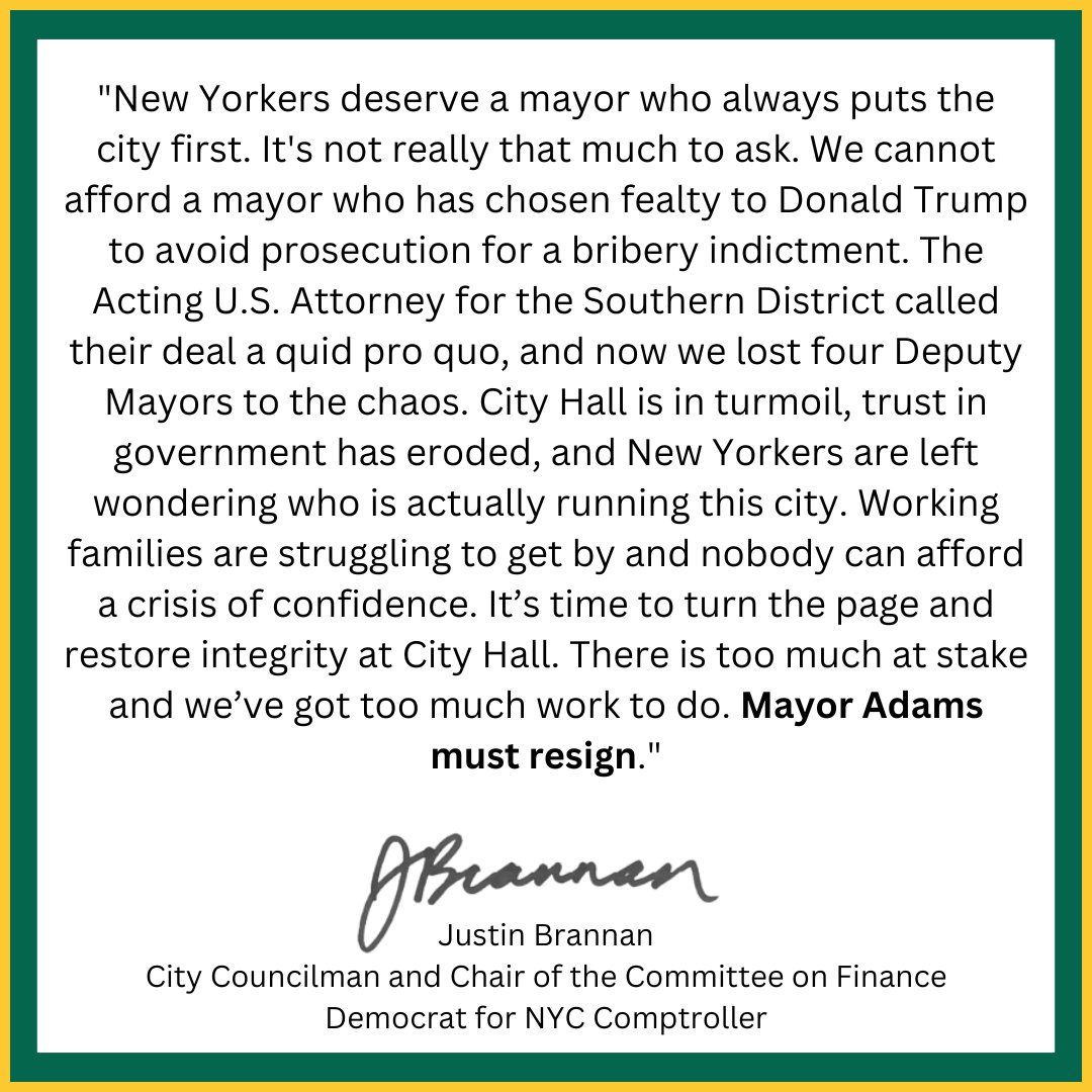 New Yorkers deserve a mayor who will always put New York City first. It shouldn't even be a question. 

There is too much at stake and too much work to do. 

Mayor Adams must resign.