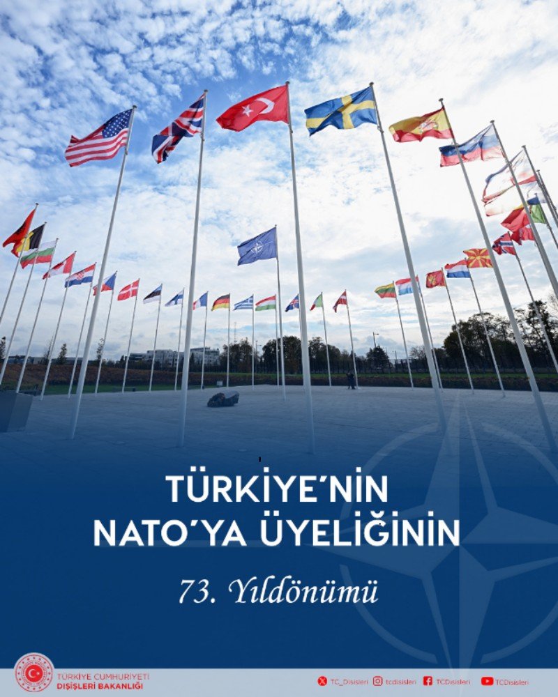 TC_Disisleri's tweet photo. NATO’ya katılımımızın 73. yıldönümünde Türkiye, güçlü silahlı kuvvetleri, gelişmiş savunma sanayii ve geniş bir coğrafyaya yayılan çok boyutlu ilişkileriyle uluslararası güvenlik ve istikrara kritik katkılar sağlamaya devam etmektedir.

Avrupa-Atlantik güvenliğinin geleceğinin şekillendiği bir dönemde, ülkemiz, Müttefikleriyle dayanışma içinde, ortak çıkar ve değerlerimiz doğrultusunda bu süreçte belirleyici bir rol oynamaktadır.