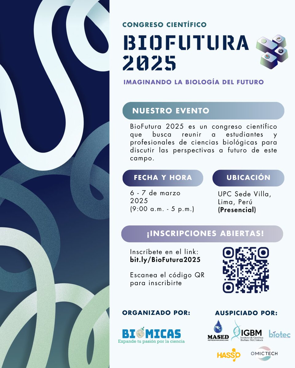 Biomicas's tweet photo. Biómicas los invita a participar en el Congreso Científico BioFutura 2025 con la presentación de pósters científicos de investigación en biología molecular, biofísica, bioinformática, biotecnología, biomedicina, ingeniería biomédica o medioambiente, ¡esta es tu oportunidad! 🌱🧬 https://t.co/dFUHv0uB6j