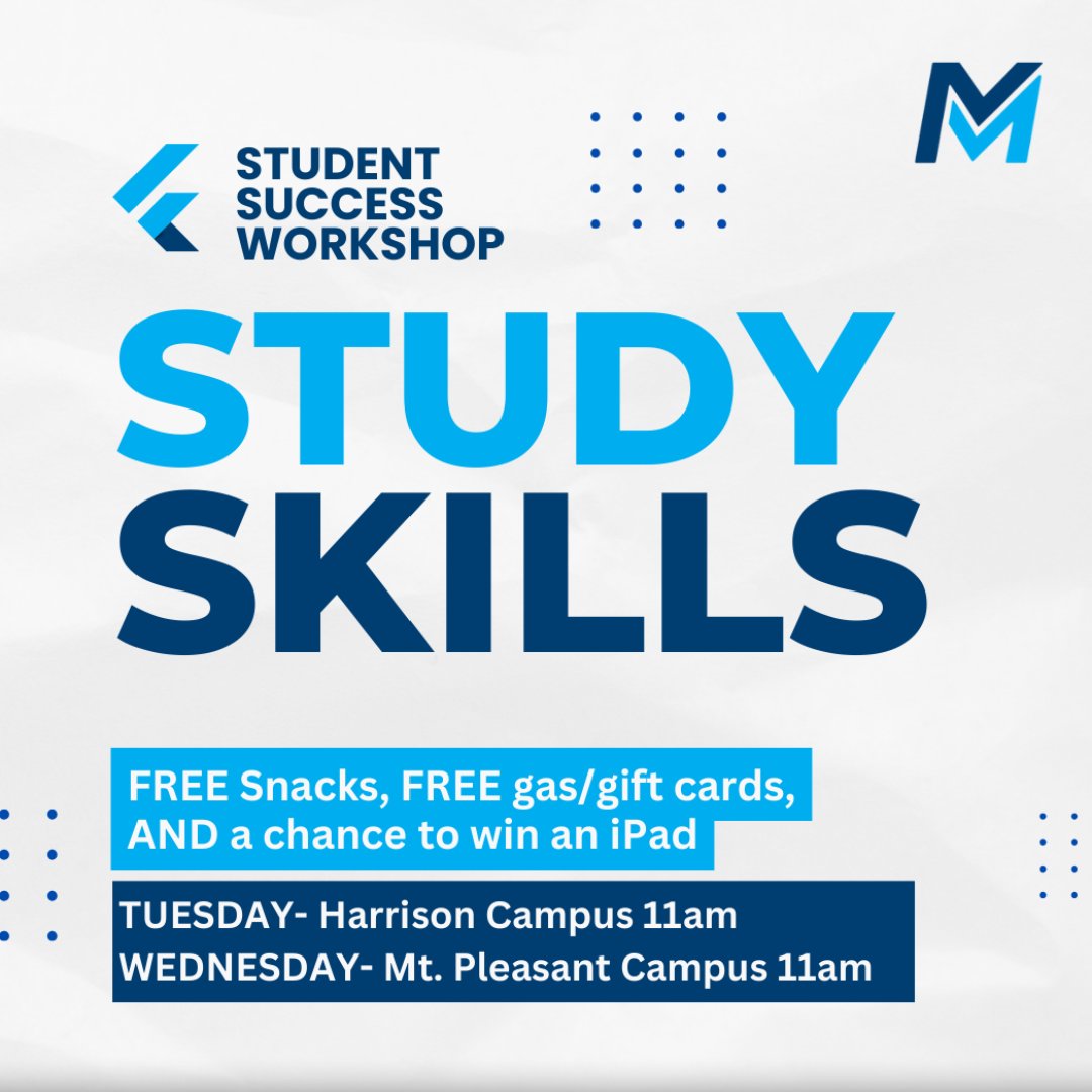 🚨 TOMORROW! 🚨 Join us for the STUDY SKILLS Workshop! 📚
🗓 Feb 18 | 11am-Noon | Harrison Campus
🗓 Feb 19 | 11am-Noon | Mt. Pleasant Campus
🎉 Free snacks, gas/gift cards, &amp; a chance to WIN an iPad! 🎁
#MidMentors #StudySkills #WinAnIPad