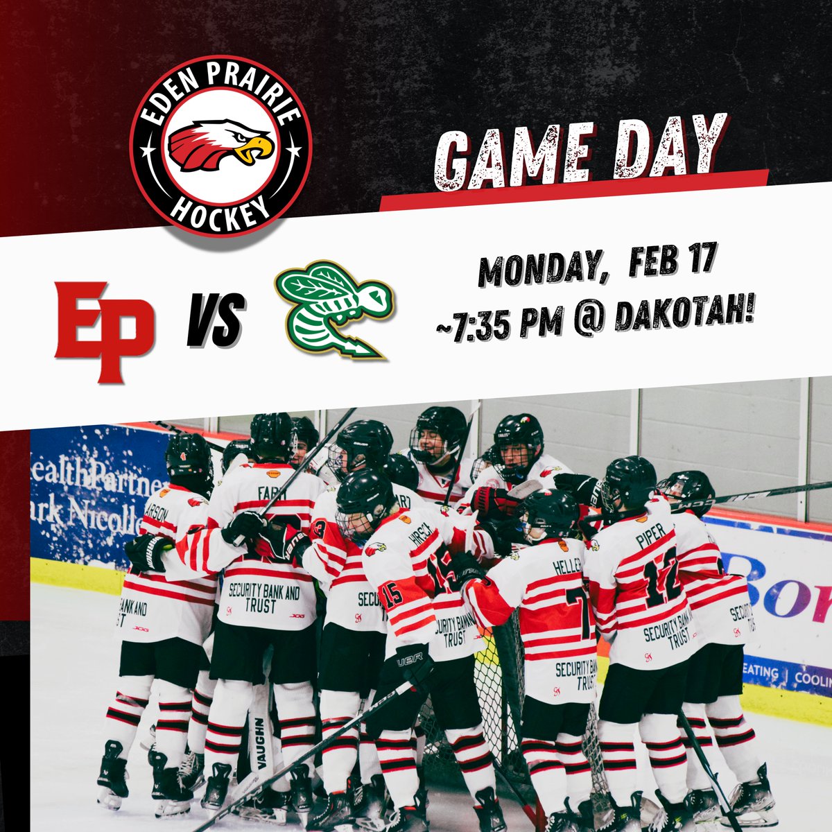 EPBanB1's tweet photo. After a big win last night over Edina Green, the EP BB1 Eagles advance to the next round of the D6 playoffs! Tonight, they take on Edina White in another high-stakes battle at Dakotah! 🦅🔥 #EPHockey https://t.co/oKUEFvPKXc