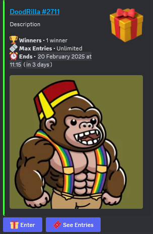 🎟️ DOUBLE RAFFLE ALERT ON DISCORD! 🎟️

🔥 Win a <a href="/Doodrillas/">Doodrillas</a>  in one raffle!
🔥 Win a <a href="/Dojo_Kidz/">Dojo Kidz</a>  in the other!

Both raffles are live on our Discord, and all it takes is DRIP points to enter! 💧🐻

Don’t miss out—join our Discord now and try your luck! 🎯