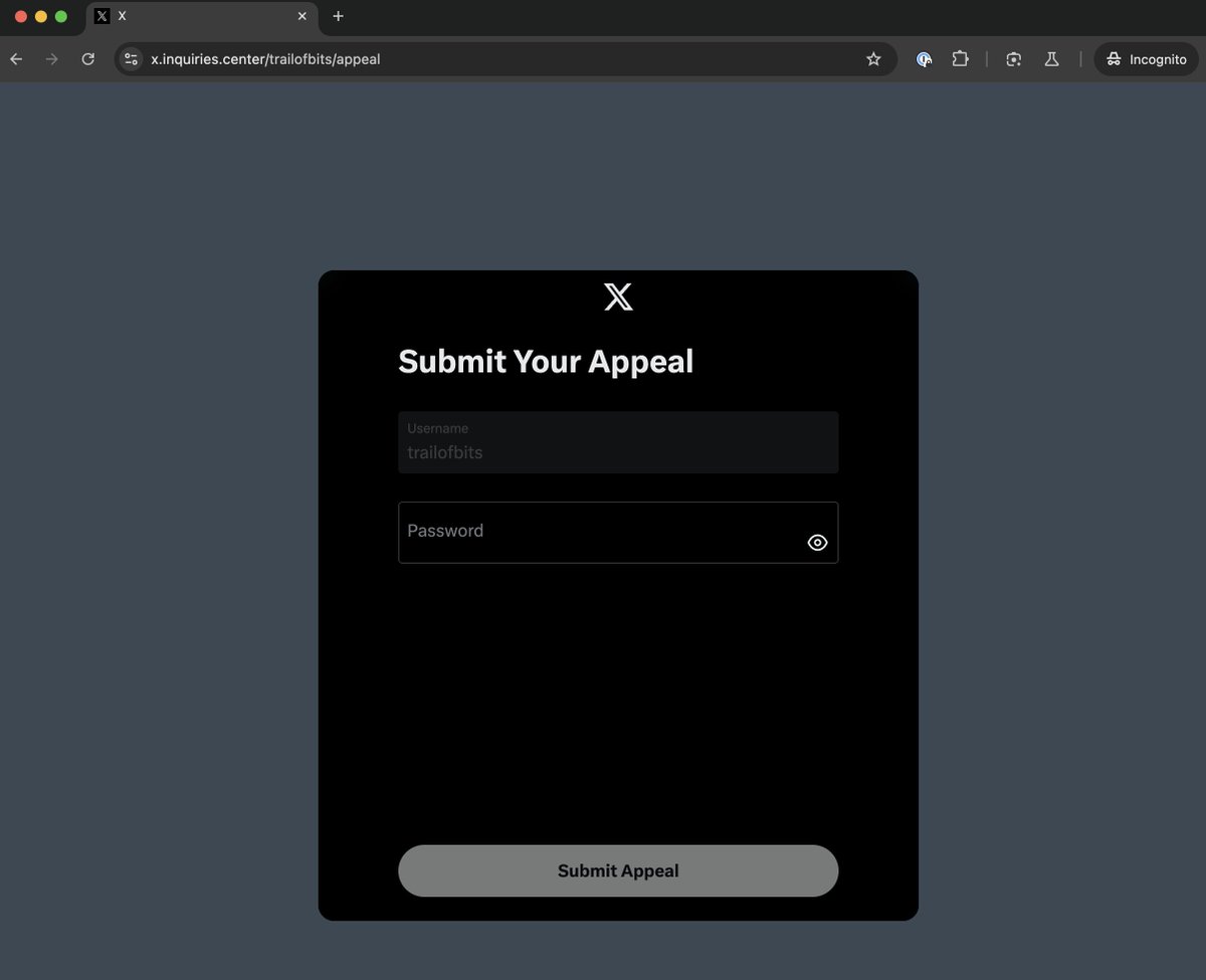 dguido's tweet image. FYI There&apos;s sophisticated phishing for X accounts happening now. @trailofbits just got this well-crafted one.