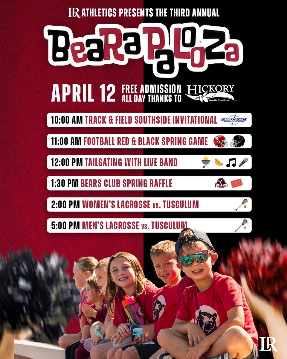 Lenoir-Rhyne Football (@lrbearsfootball) on Twitter photo The Red & Black Spring Game & the 3rd annual ๐๐ฒ๐ฎ๐ฅ๐ฎ๐ฃ๐ฎ๐๐ผ๐ผ๐ญ๐ฎ is set for 4/12! Get your first look at the 2025 team & stick around after to tailgate for the rest of the ๐๐ฒ๐ฎ๐ฅ๐ฎ๐ฃ๐ฎ๐๐ผ๐ผ๐ญ๐ฎ events. Admission is FREE all day thanks to <a href="/CityofHickory/">CityofHickory</a>!
#GOBEARS The Red & Black Spring Game & the 3rd annual ๐๐ฒ๐ฎ๐ฅ๐ฎ๐ฃ๐ฎ๐๐ผ๐ผ๐ญ๐ฎ is set for 4/12! Get your first look at the 2025 team & stick around after to tailgate for the rest of the ๐๐ฒ๐ฎ๐ฅ๐ฎ๐ฃ๐ฎ๐๐ผ๐ผ๐ญ๐ฎ events. Admission is FREE all day thanks to <a href="/CityofHickory/">CityofHickory</a>!
#GOBEARS