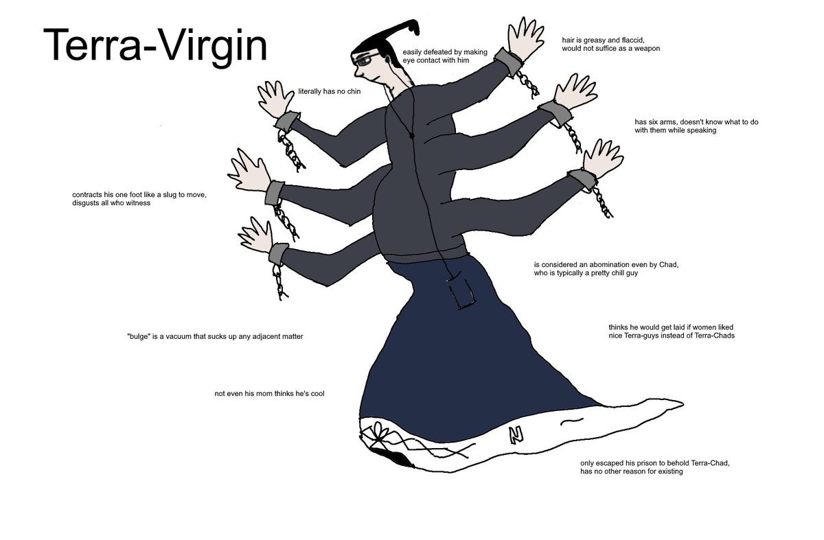 Trevenger233623's tweet photo. Terra-Virgin is the antithesis of Chad:  

💀 Aura of Cringe — lowers testosterone in a 50-mile radius. 
💀 Negative Rizz — repels women instantly. 
💀 Proportional Tragedy — the bigger he gets, the smaller his…  

Thus began the eternal war. https://t.co/r6uNuwfmEl