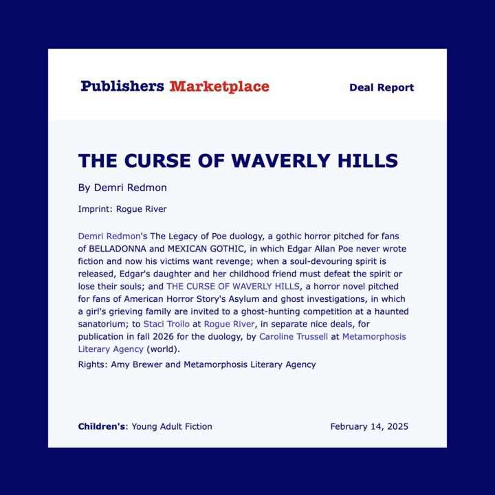 Demri_18's tweet image. Remember that post I did about my book deal for The Legacy of Poe duology?
Well that’s not all.
Roan and Weatherford also acquired my standalone horror novel titled…
✨The Curse of Waverly Hills!!!✨
Yes, they acquired not one, not two, but THREE BOOKS!!! 😭🤯🥳
