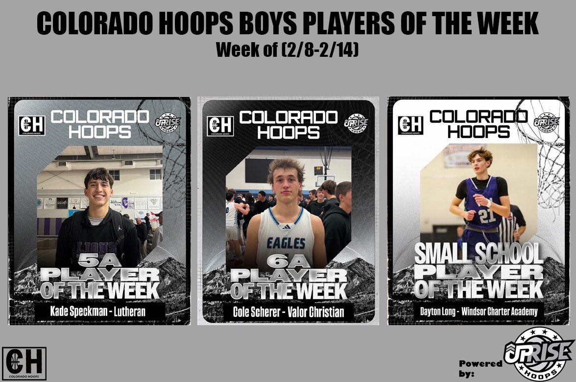 Colorado Hoops (@cohoops5280) on Twitter photo Colorado Hoops Boys Players of the Week Powered by <a href="/Uprise_Hoops/">Uprise Hoops</a>
READ MORE: coloradohoops.org/2025/02/17/boy…
6A Player of the Week: <a href="/Cole_Scherer/">Cole Scherer</a>
5A Player of the Week: <a href="/kade_speckman/">kade.speckman</a>
Small School Player of the Week: Dayton Long <a href="/wcafirebirds/">Windsor Charter Academy</a> Colorado Hoops Boys Players of the Week Powered by <a href="/Uprise_Hoops/">Uprise Hoops</a>
READ MORE: coloradohoops.org/2025/02/17/boy…
6A Player of the Week: <a href="/Cole_Scherer/">Cole Scherer</a>
5A Player of the Week: <a href="/kade_speckman/">kade.speckman</a>
Small School Player of the Week: Dayton Long <a href="/wcafirebirds/">Windsor Charter Academy</a>