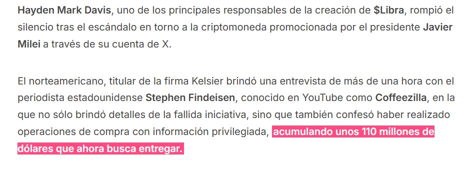 El hombre detrás de $LIBRA aseguró que tiene el dinero de los damnificados

Hayden Davis habló de una “prueba piloto” y admitió haber beneficiado a pocos compradores con información privilegiada.

En una entrevista aseguró que iba a devolver el dinero bajo órdenes del gobierno
