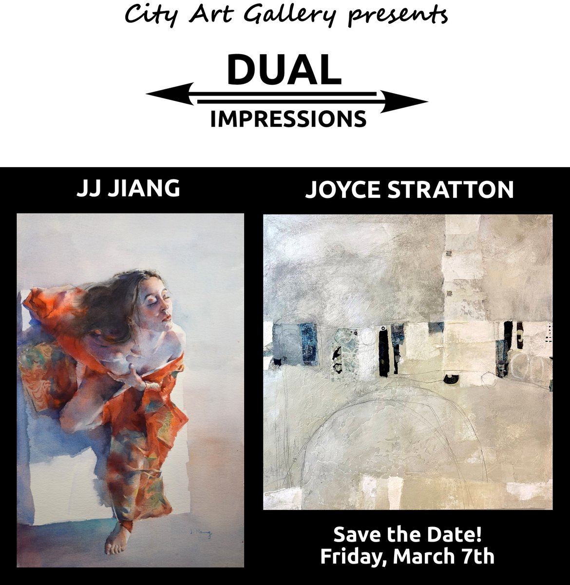 Save the Date! Our next show "Dual Impressions" will feature oil and watercolor paintings from JJ Jiang and mixed media paintings from Joyce Stratton. Meet these NC artists and view demos at the opening Friday, March 7 from 6-8pm.