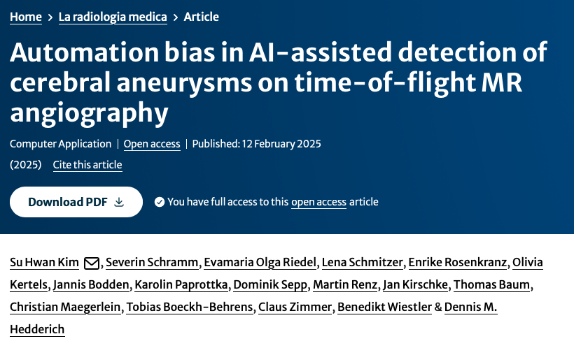Alvin (@alvie_barr) on Twitter photo IMPORTANT READ on Automation Bias
👉False-positive AI results led to significantly higher suspicion of aneurysm findings
Read More: link.springer.com/article/10.100…
<a href="/drsxr/">Stephen Borstelmann MD</a> H/T <a href="/pintodrad/">D. Pinto dos Santos</a> IMPORTANT READ on Automation Bias
👉False-positive AI results led to significantly higher suspicion of aneurysm findings
Read More: link.springer.com/article/10.100…
<a href="/drsxr/">Stephen Borstelmann MD</a> H/T <a href="/pintodrad/">D. Pinto dos Santos</a>