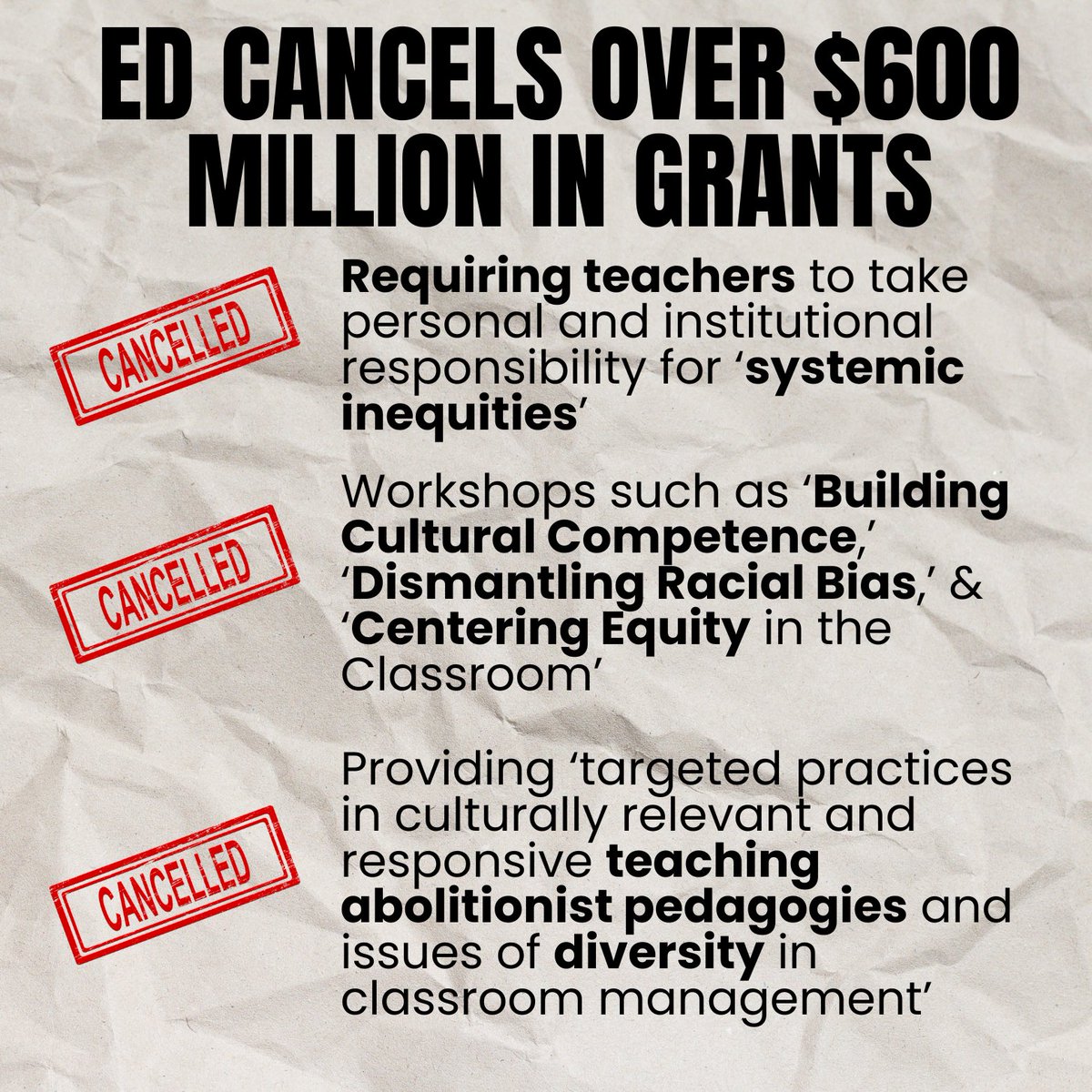 U.S. Department of Education Cuts Over $600 Million in Divisive Teacher Training Grants 

ed.gov/about/news/pre…