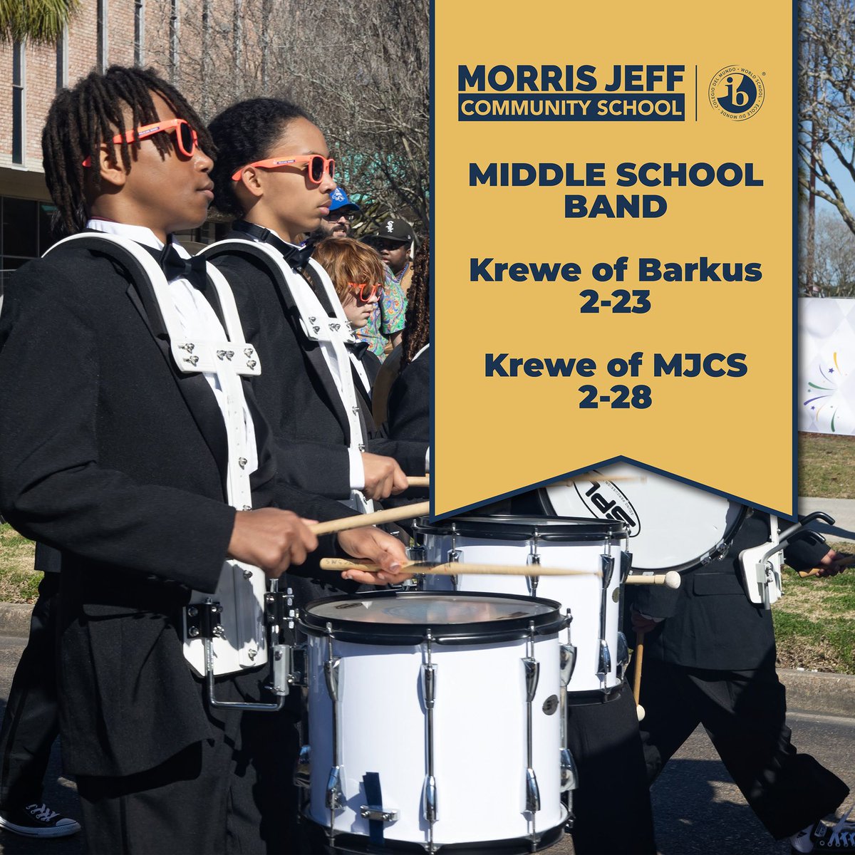 Come support the Middle School band this Mardi Gras! You can catch them in Krewe of Barkus on Sunday, February 23 in the French Quarter and in the Krewe of MJCS on Friday February 28 at the Lopez Campus.